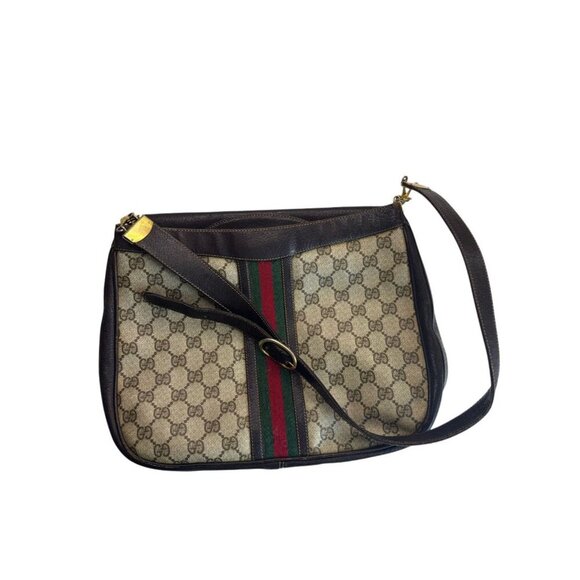 Vtg GUCCI Shoulder Bag Sherry Line GG Canvas Brown Leather Unisex - Picture 1 of 8